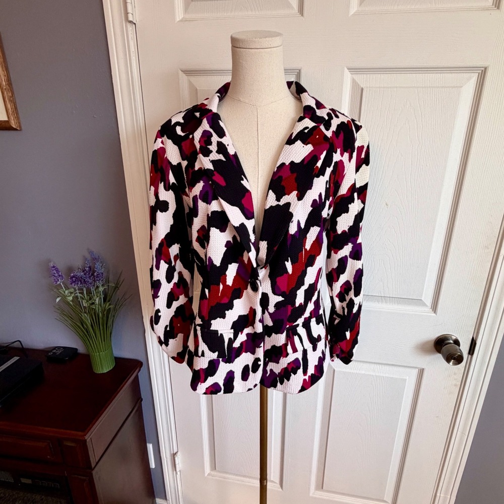 Alex & Olivia Women Abstract Print Textured Blazer Purple Burgundy Size M